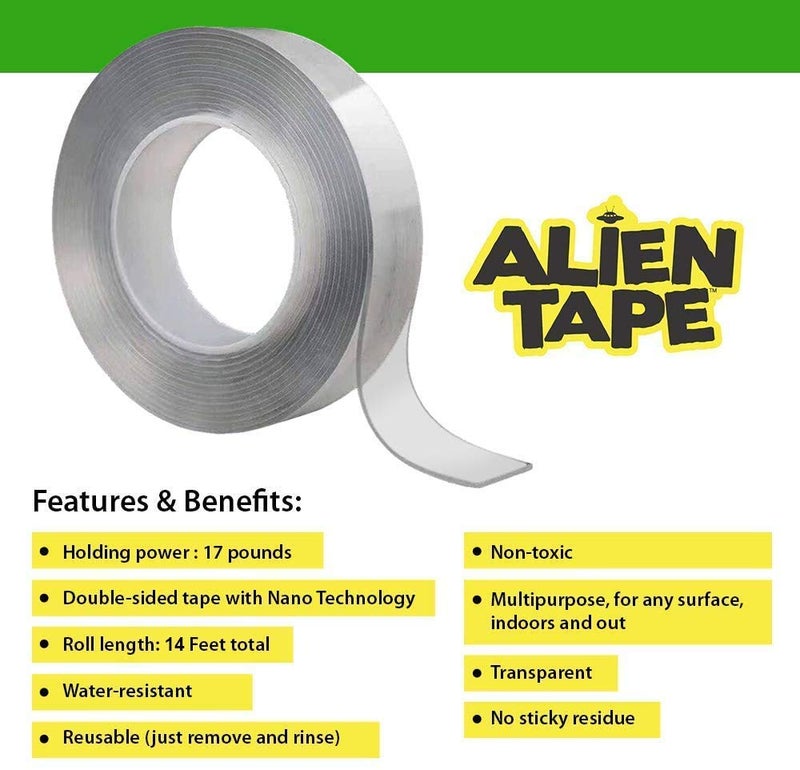 ALIEN TAPE Heavy Duty Double Sided Tape, Nano Tape, Feet Clear Adhesive Tape for Poster Photo Wall Decor As Seen on TV, (2 Rolls - 14 Feet) - Image 2